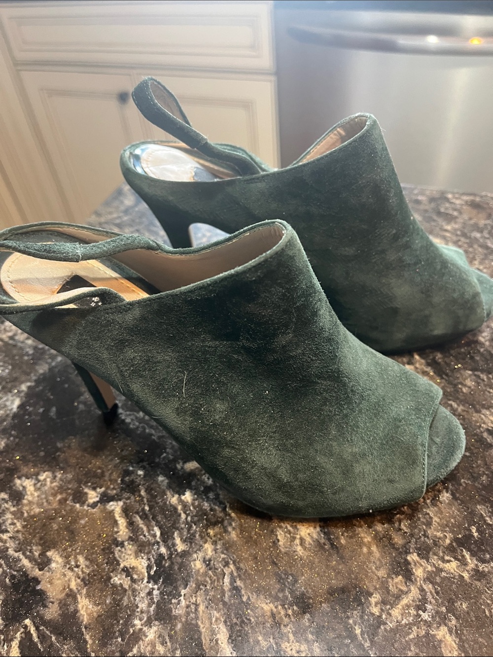 White House, Black market Women’s Dark Green Suede Peep-Toe Slingback Heels
